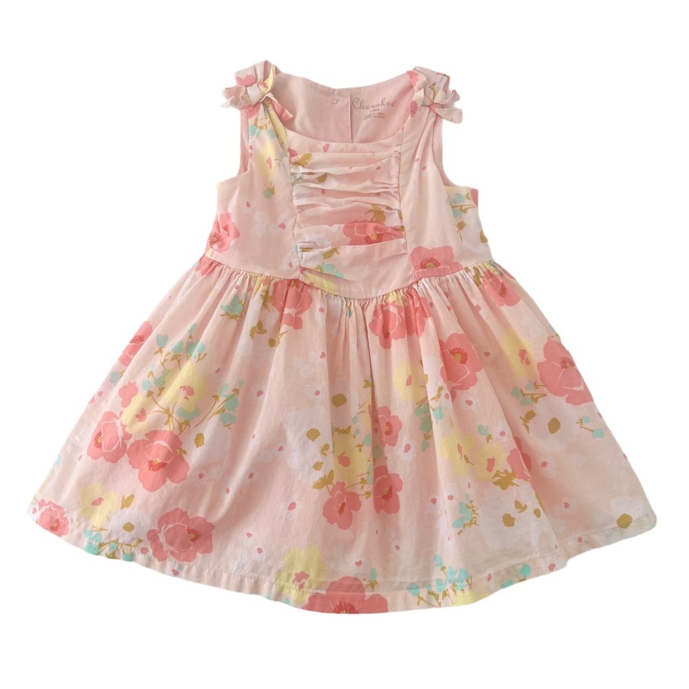 Cherokee Pink Floral Kids Dress with Ruffle and Bow Accents | Baby Girl 18 MTH